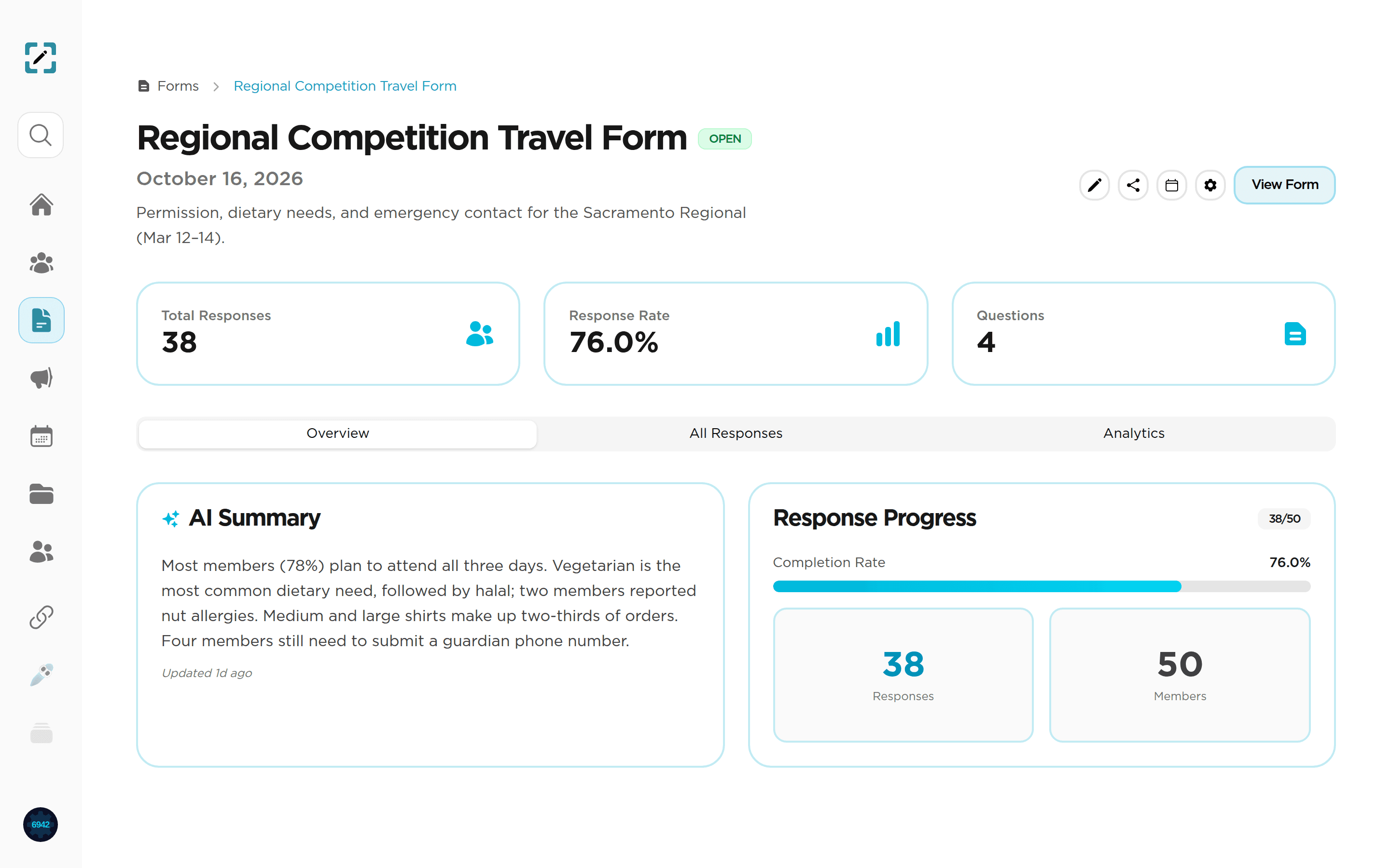 The Regional Competition Travel Form with 38 responses, a 76% response rate, and an AI summary