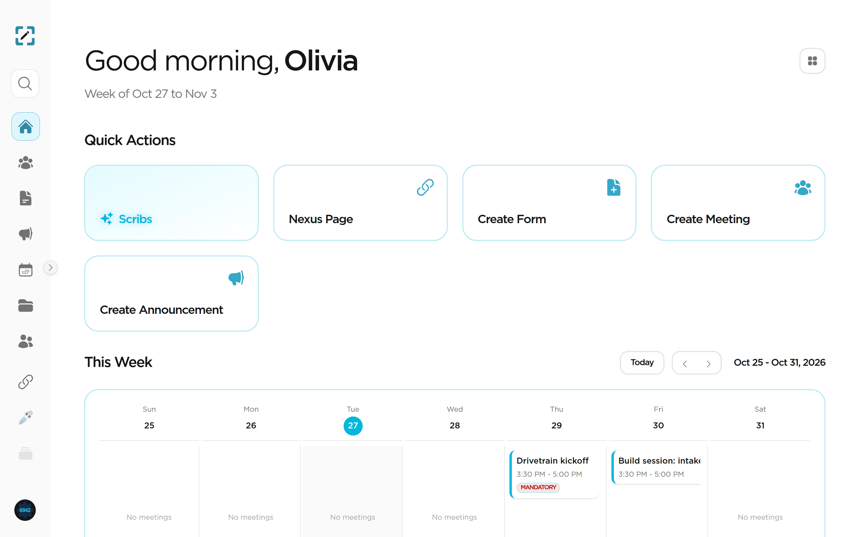 The ClubCentric club dashboard for Lincoln Robotics, with quick actions and this week's meetings