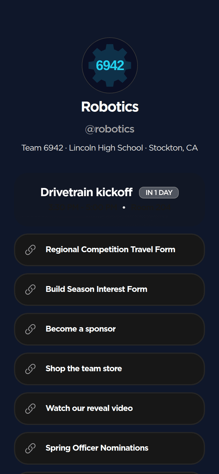 The Lincoln Robotics Nexus page on a phone, with the team logo, next meeting, and links